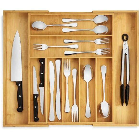 Expandable Bamboo Drawer Organizer Utensil Silverware Flatware Tray - Picture 1 of 6